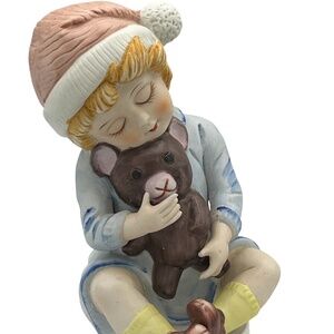 Vintage Ceramic Bisque Music Box Little Girl Child Holding Teddy Bear